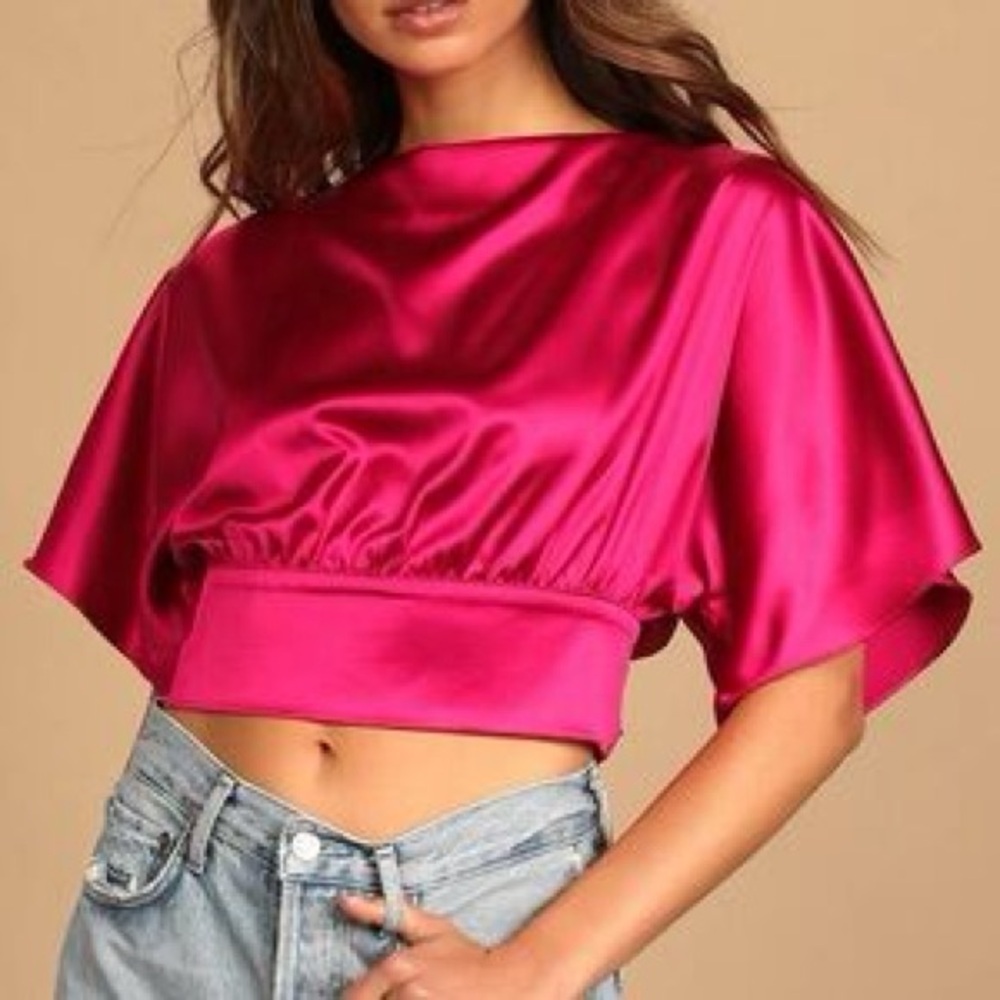 NWT Lulus Hot Pink Satin Blouse Crop Top Sz S Barbiecore Party